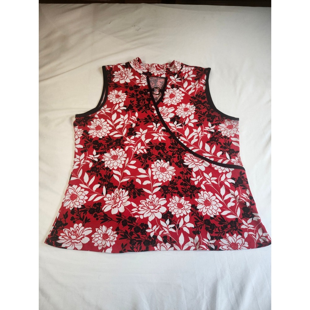 Adrienne Vittadini Red Floral Sleeveless Mock Neck Keyhole Top Womens Large L
